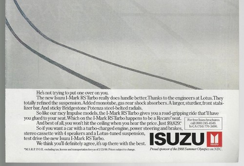 1988 ISUZU I-MARK RS Turbo advertisement, Isuzu upside down, print ad - Picture 3 of 3