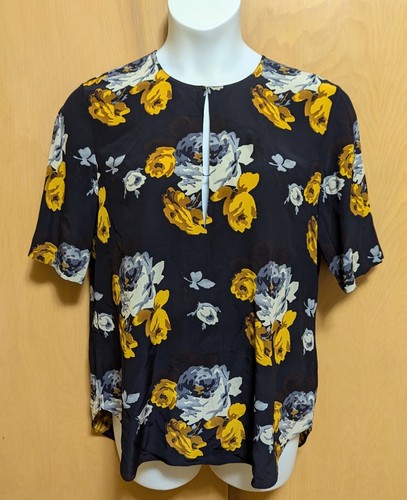 Theory Antazie Distressed Floral Navy Blouse Top Women's Size Large 100% Silk