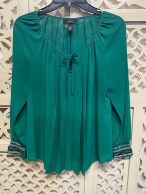 Green Beaded Cuff Peasant Blouse Alfani Petites 10p