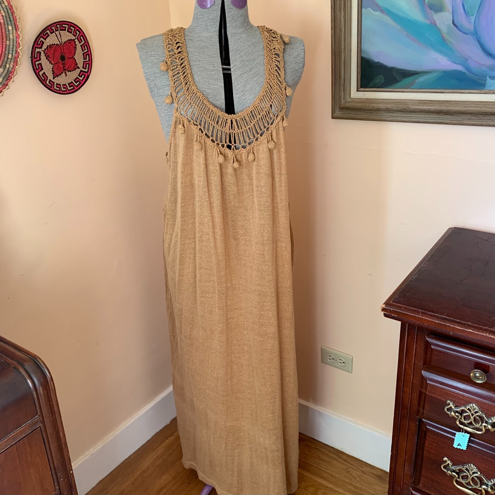 ZARA S Maxi Dress Crochet Yoke Linen Blend Sand Tan Boho Festival Beach Resort thumbnail 2