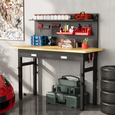 60" Adjustable Workbench with Drawers, Work Benches for Garage with Pegboard