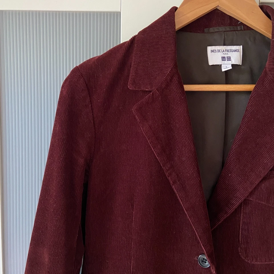Ines De La Fressange Uniqlo Small Burgundy Corduroy Blazer Jacket Cord Maroon - image 2 of 4