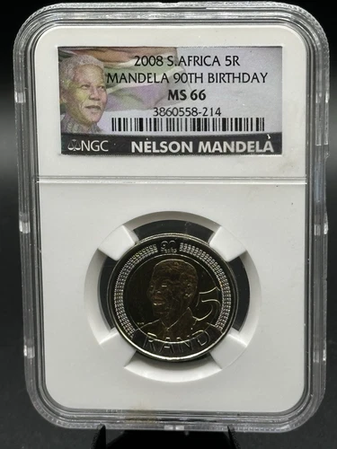 2008 South Africa 5 Rand Nelson Mandela's 90th Birthday Coin NGC MS66