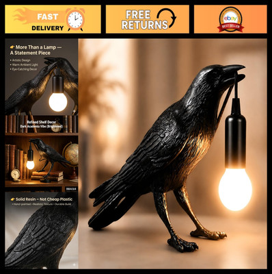 Gothic Raven Lamp - Black Crow Table Light with LED Bulb, Dark Aesthetic Nightli