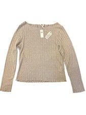 Pilcro and the Letterpress Anthropologie Beige Sheer Ribbed Top, Lettuce Hem, XL