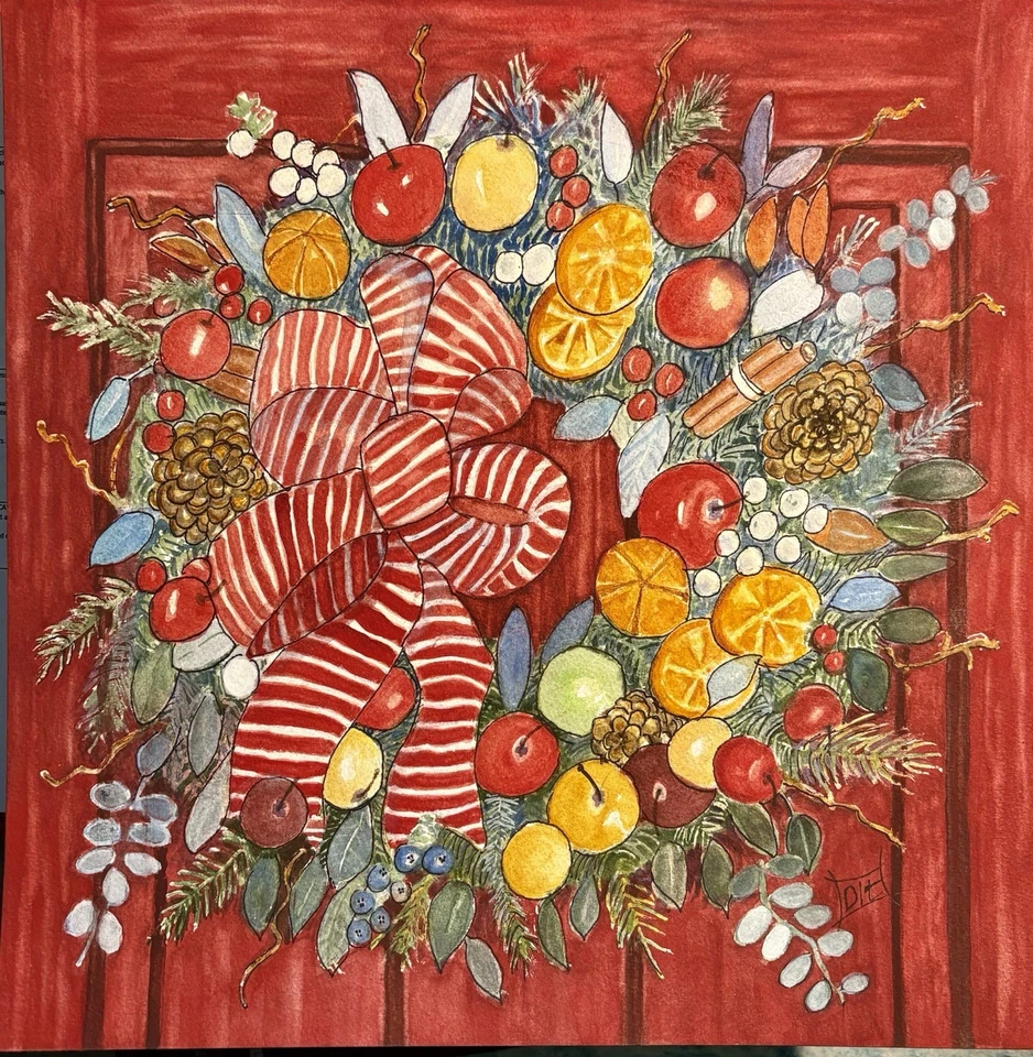 Рождественский оригинальный акварельный чернила 14x14 праздничный венок апельсины декор красной двери - Изображение 4 из 4