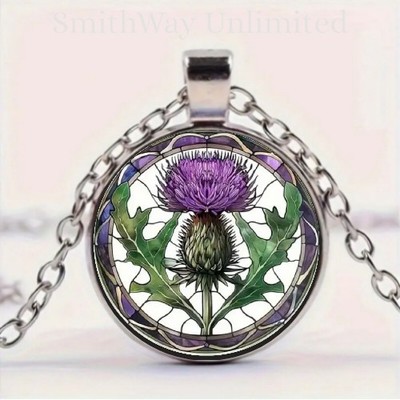 Scottish Thistle Design Round Glass Art Pendant Necklace