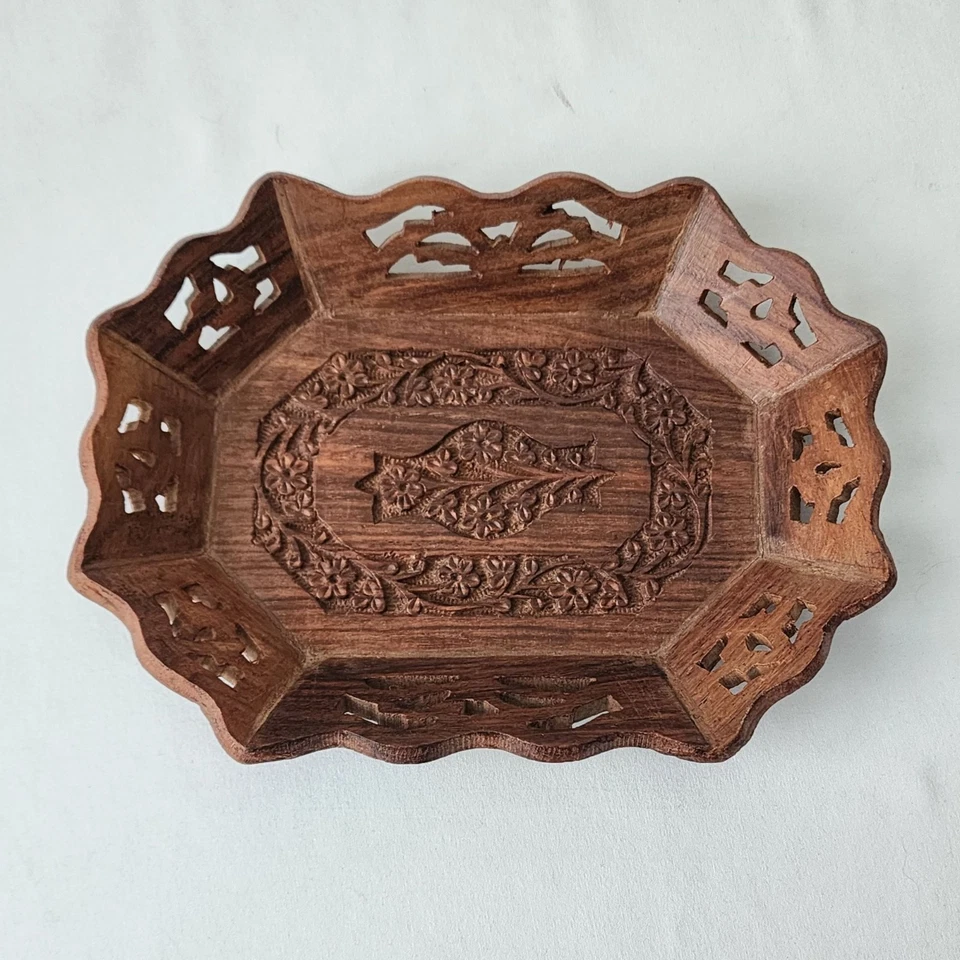 VTG Hand Carved Wood Tray Floral Design Boho Chic Catch All Home Decor Rustic - Image 2 of 4