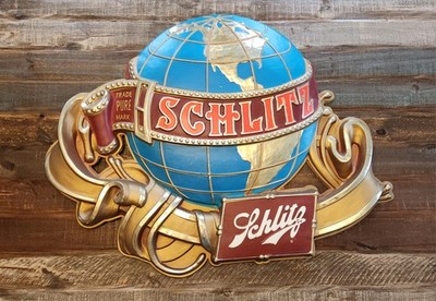 Large Schlitz Beer Globe 3D Embossed Plastic Sign Vintage 70's 36'' X 29''