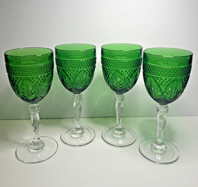 Cristal D'Arques-Durand Antique Emerald Green 8'' Water Goblets France Set Of 4