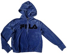 FILA Velour Hoodie Jacket S Womens 1/2 Zip Up Track Pullover Blue Logo Embossed