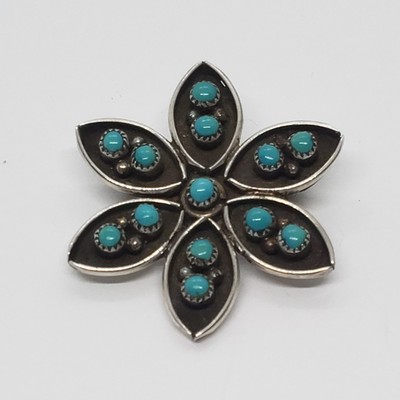 Vintage Native American ZUNI Turquoise Snowflake Petit Point BROOCH 1960s