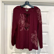 Style & Co Women’s Size L Blouse Top Burgundy Wine Embroidery Holiday Flower Bow