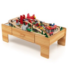 Kids Wooden Train Set  Double-Sided Table Playset w/100 Pieces  Storage Drawer