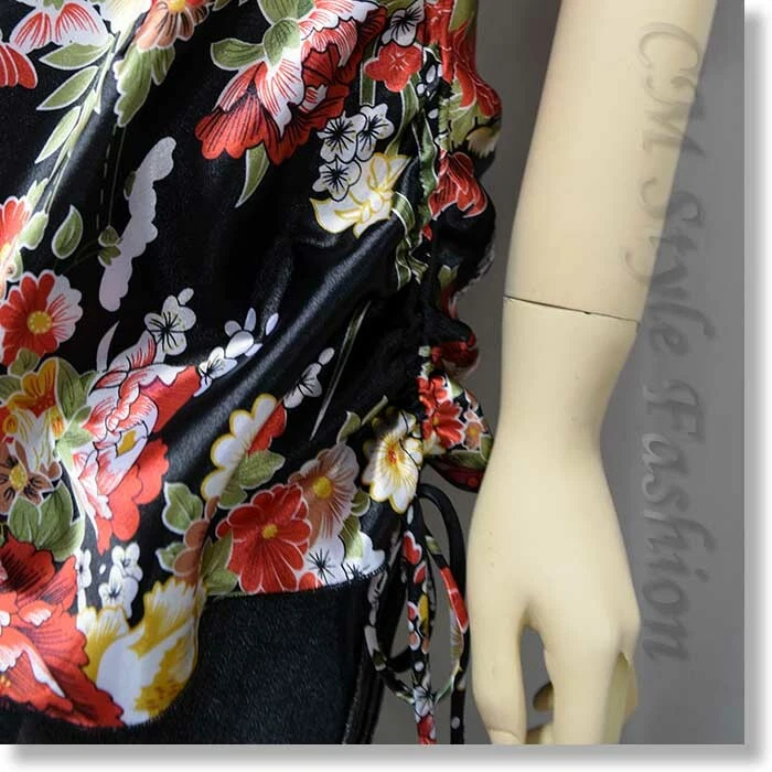 Túnica chinesa Cheongsam estilo Qipao floral cetim sedoso preta P/M/G/XL - Imagem 3 de 4