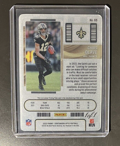 2022 Panini Contenders Optic NFL Chris Olave PRINTING PLATE 1/1 Rookie RC #65 - Picture 2 of 5
