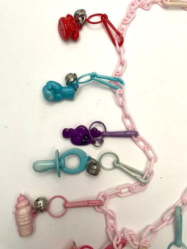 1980s Plastic Pink Link Chain Necklace 12 Clip-on Charms w/ Bells - Picture 2 of 7