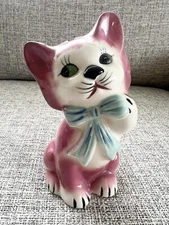 Vtg Kitten Kitty Cat Coin Bank Glossy Ceramic Mid Century Japan Kitschy Pink