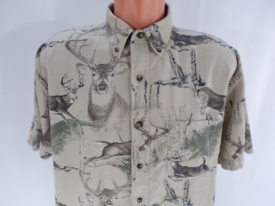 Vintage Red Head All Cotton Shirt Men Large Whitetail Buck Pattern S/S Pocket C2