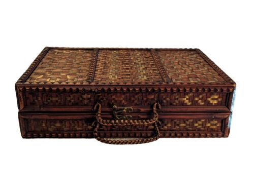 Vintage Woven Wood & Copper Suitcase-Briefcase-Storage Box w/Bronze Latch - Rare