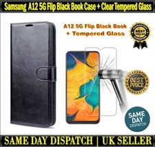 Samsung A12 5G Leather Wallet Case Flip Black Book Cover &Glass Screen Protector