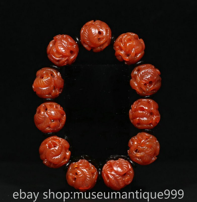 5" Old Tibet Natural Agate Carnelian Carving Crane Hollow out Jewelry Bracelet