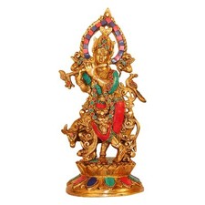 Laiton Debout Krishna Jouer Flûte Avec Saint Vache Idol Statue Figurine 30.5cm