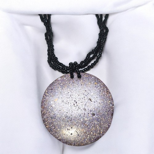 Black & Brown Stone Medallion Disk Shell Inlay Pendant 18" Seed Bead Necklace - Picture 3 of 4