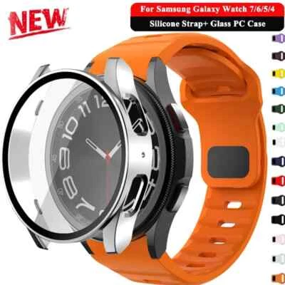 PC Glass Case+Silicone Band Strap For Samsung Galaxy Watch 7 6 5 4 FE 40mm 44mm