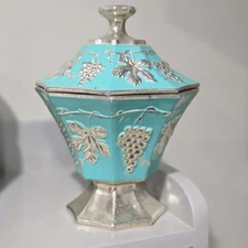 Vintage Anchor Hocking Grape Pattern Painted Milk Glass Candy Jar