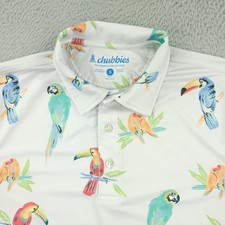 Chubbies Polo Shirt Mens Small White Tropical Parrot Golf Stretch Performance