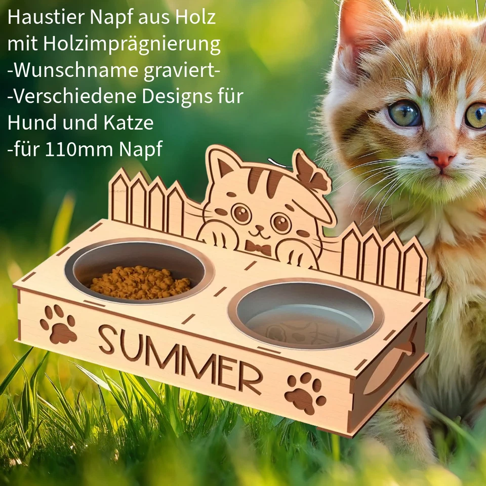 Hunde und Katze Napf-Halter aus Holz – personalisiert mit Wunschname - Bild 2 von 4
