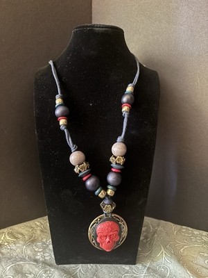 Sugar Skull Red Floral Beaded Cameo Day of the Dead Goth Halloween Pendant OOAK