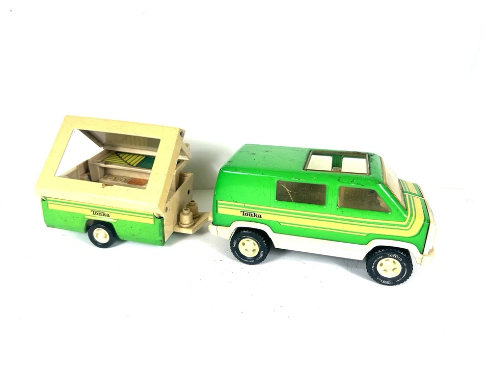 Furgoneta verde Tonka vintage con cámper emergente años 70 acero prensado juguete EE. UU. Foto 2 de 4
