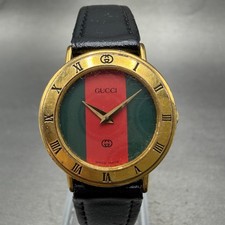 Gucci 3000L Watch Women 26mm Red Green Dial Gold Plated Round Leather New BattAH