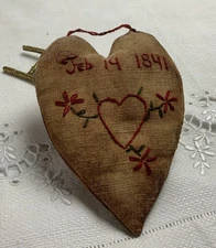 Hand Made Heart Pillow, Hanging, Feb 14, 1841 Embroidery, Heart, Primitive