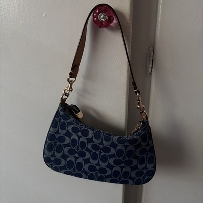 Coach Blue Denim Shoulder Bag with Logo Pattern, Gold Hardware 