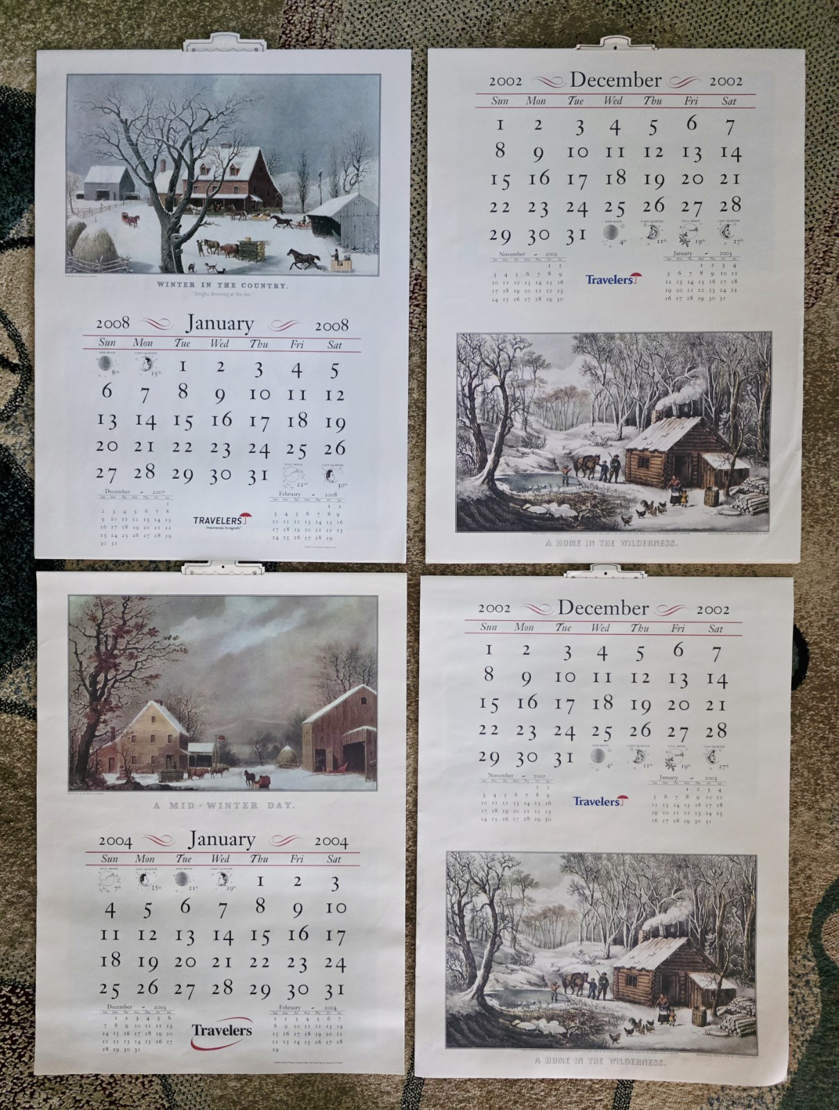 Travelers Insurance Co Currier &Amp; Ives Calendars 2002(2), 2004, 2008 New Lot Of 4