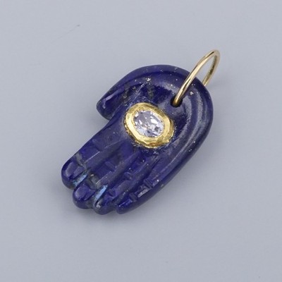 18k Lapis Lazuli Sapphire Hamsa Pendant Charm Yellow Gold 1'' PG2053