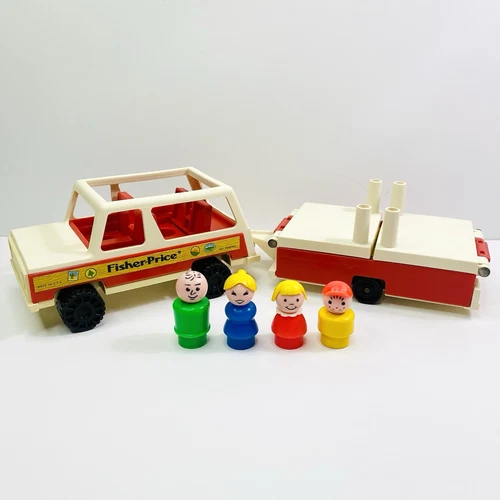 Vtg Fisher-Price Little People Play Car & Camper #992 - Car, Camper & Family