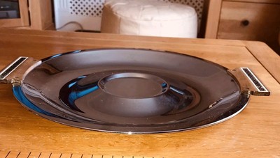 Kromex 14'' Runde Servierplatte Tablett Chrom Teak Griffe Mid Century Vintage