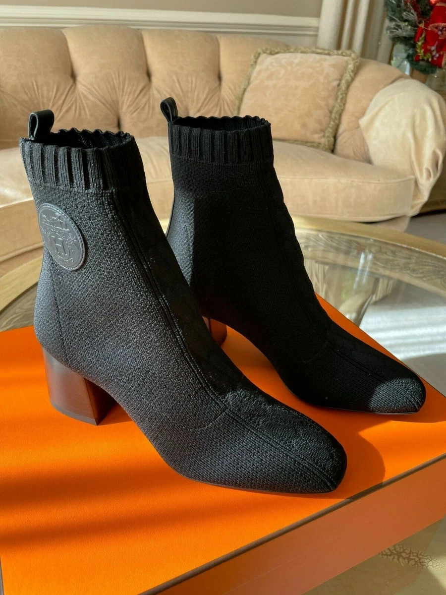 Hermes Black Knit Calfskin Volver 60 Ankle Boots