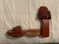 Tory Burch Basketweave Brown Leather Wooden Clog Slip On Size 9 New Never Used