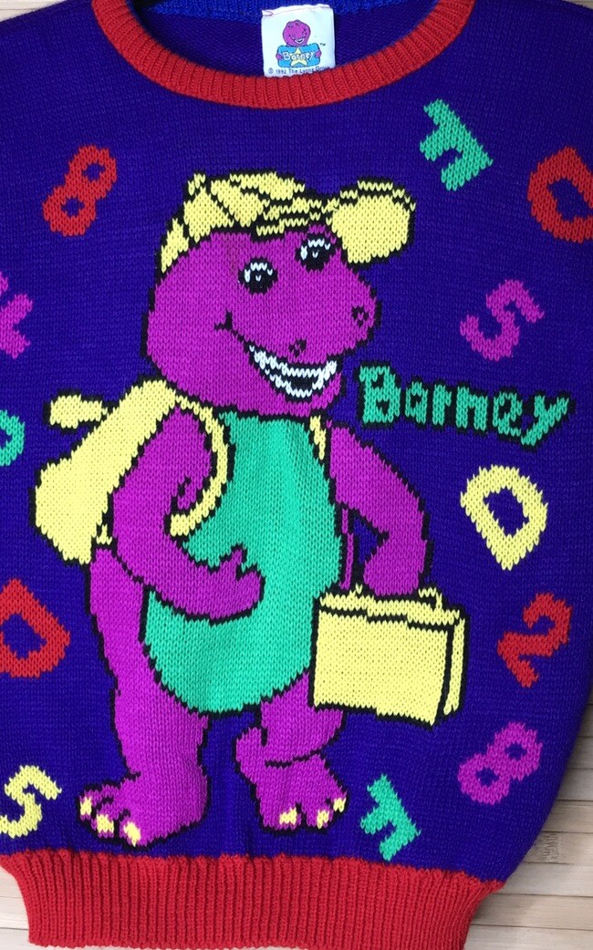 トップス barney Vintage 1992 Barney the Purple Dinosaur Sweater Blue Yellow Child