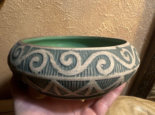 Red Wing Stoneware Arts & Crafts Green Brush Ware Bulb Planter Bowl Greek Design - Picture 2 of 23
