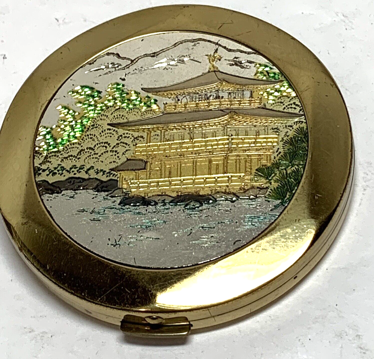 Vtg Powder Compact w/Mirror Engraved Chokin Art Kinkakuji