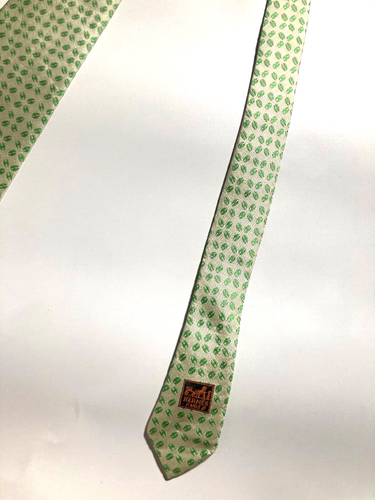 HERMES VINTAGE INITIAL H GREEN LEAF TIE JACQUARD WOVEN HIGH END FRANCE IVORY - Picture 8 of 14