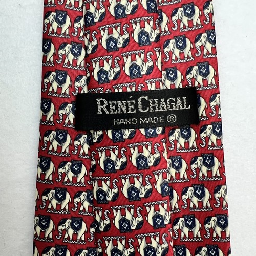 Rene Chagal Mahout Elephant Neck Tie Silk Geometric Red White Blue - Picture 3 of 6