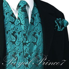 Mermaid Teal Green Paisley Tuxedo Suit Dress Vest Waistcoat Neck tie Hanky Set