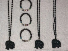 Elephant Obsidian protection necklace & Hand of Hamsa real Lava Stones Bracelet